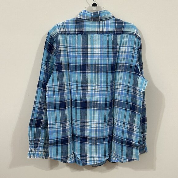 LL Bean Shirt Mens Large Blue Plaid Button Up Slightly Fitted Linen Regular Fit - Picture 2 of 10